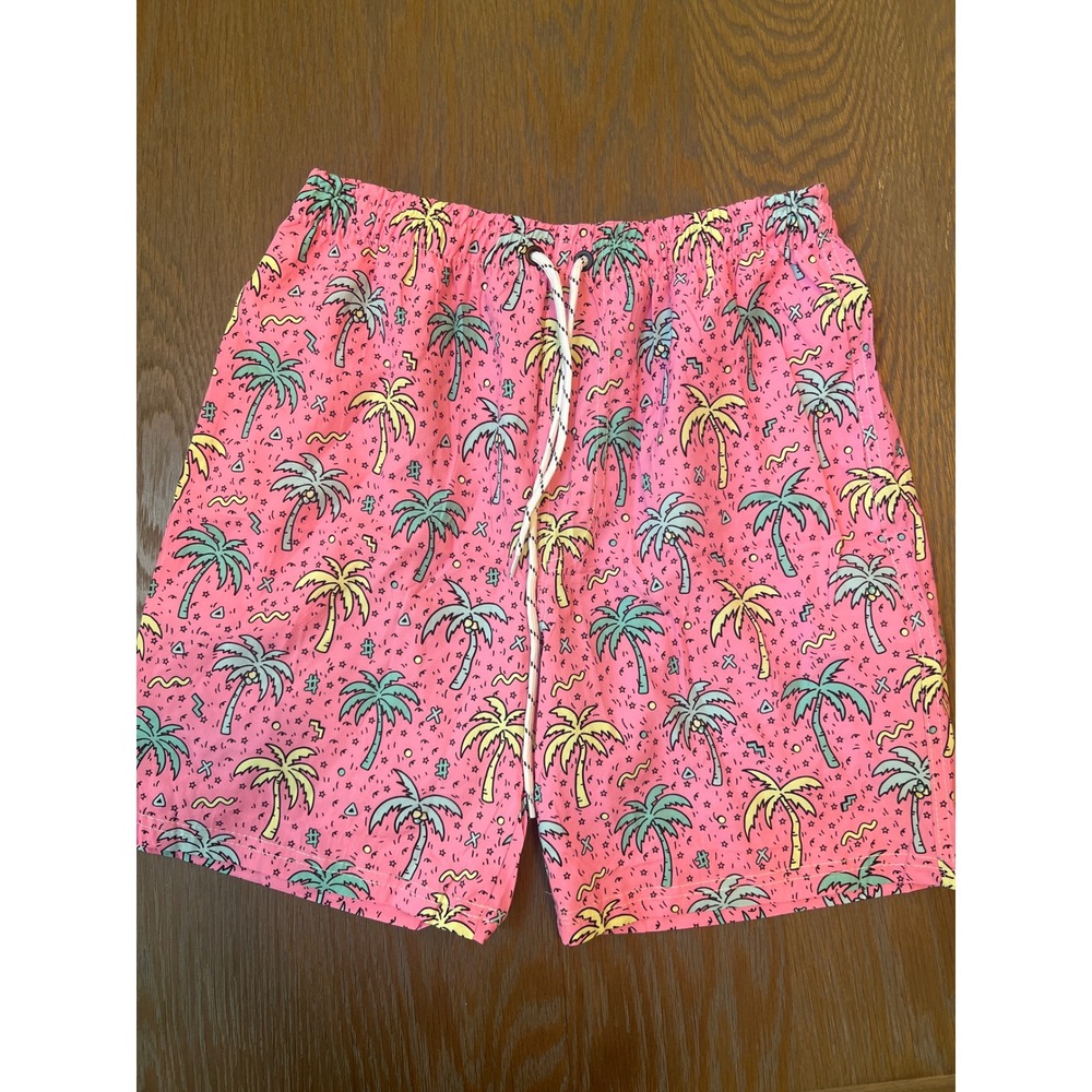 Kids Pink Palm Tree Tropical Swim Trunks Retro Mesh Lined Board Shorts Size L